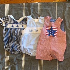 3 smocked/ appliqué baby boy rompers